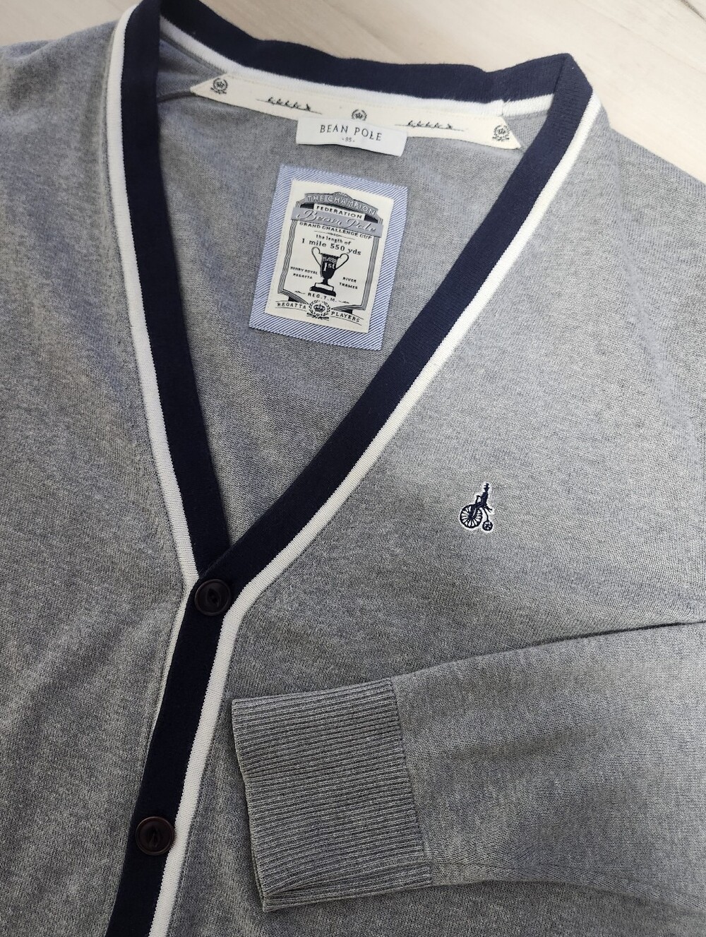 Bean Pole Grey V-Neck Cardigan with Navy Trim